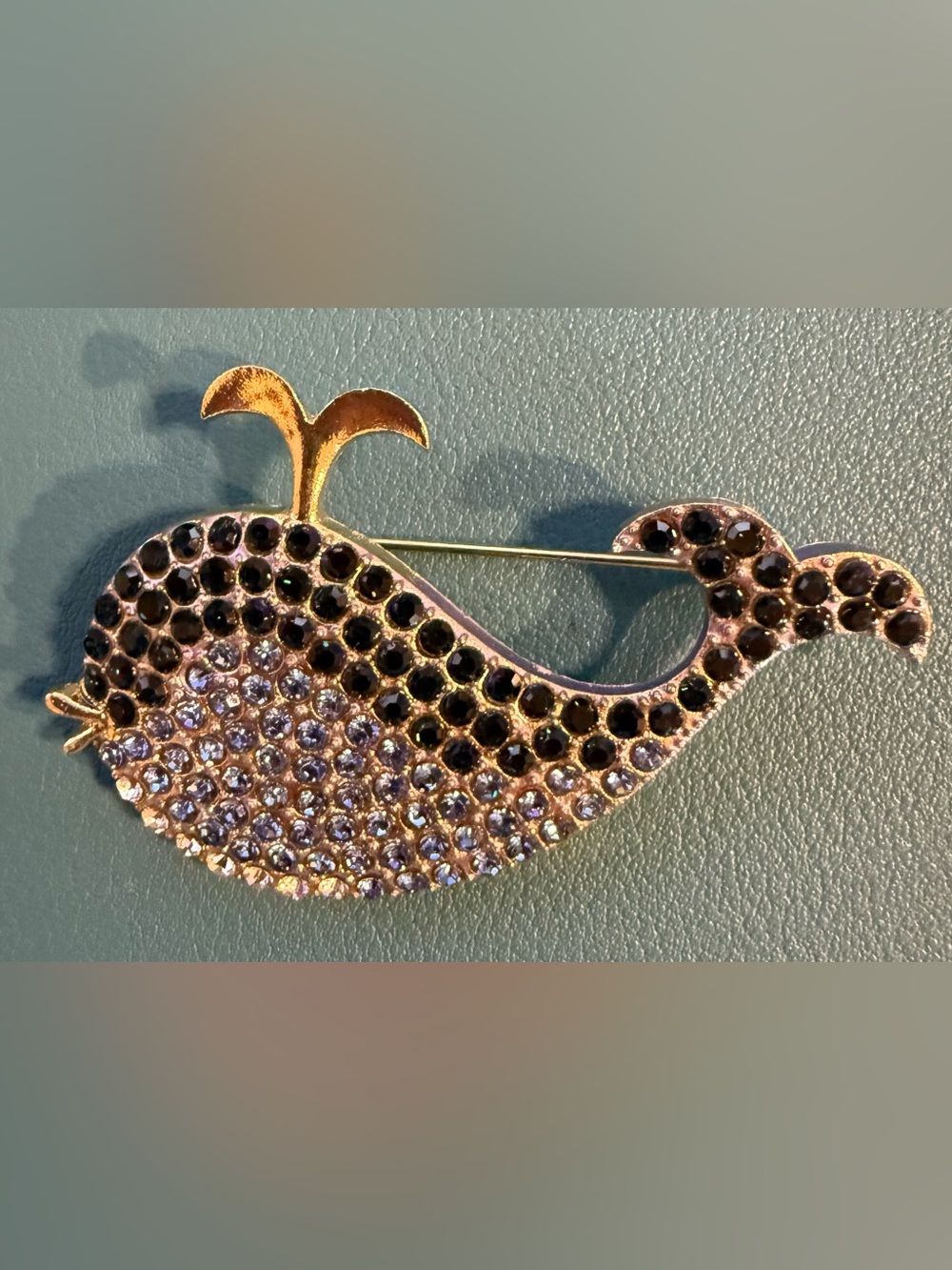Gold-Tone Crystal Whale Brooch - Sparkling Black and Clear Stones